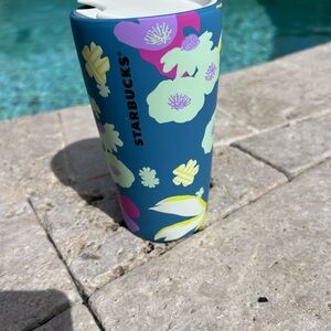 STARBUCKS '22 Green Blue Floral Matte Soft Touch Ceramic Travel Mug Tumbler 12oz